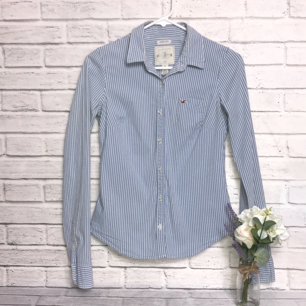 Blue Button-Up with White Pinstripes